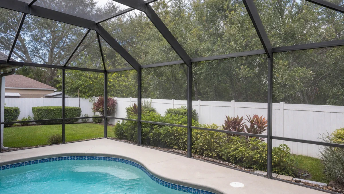 Finished Orlando pool cage screen repair with clean new panels