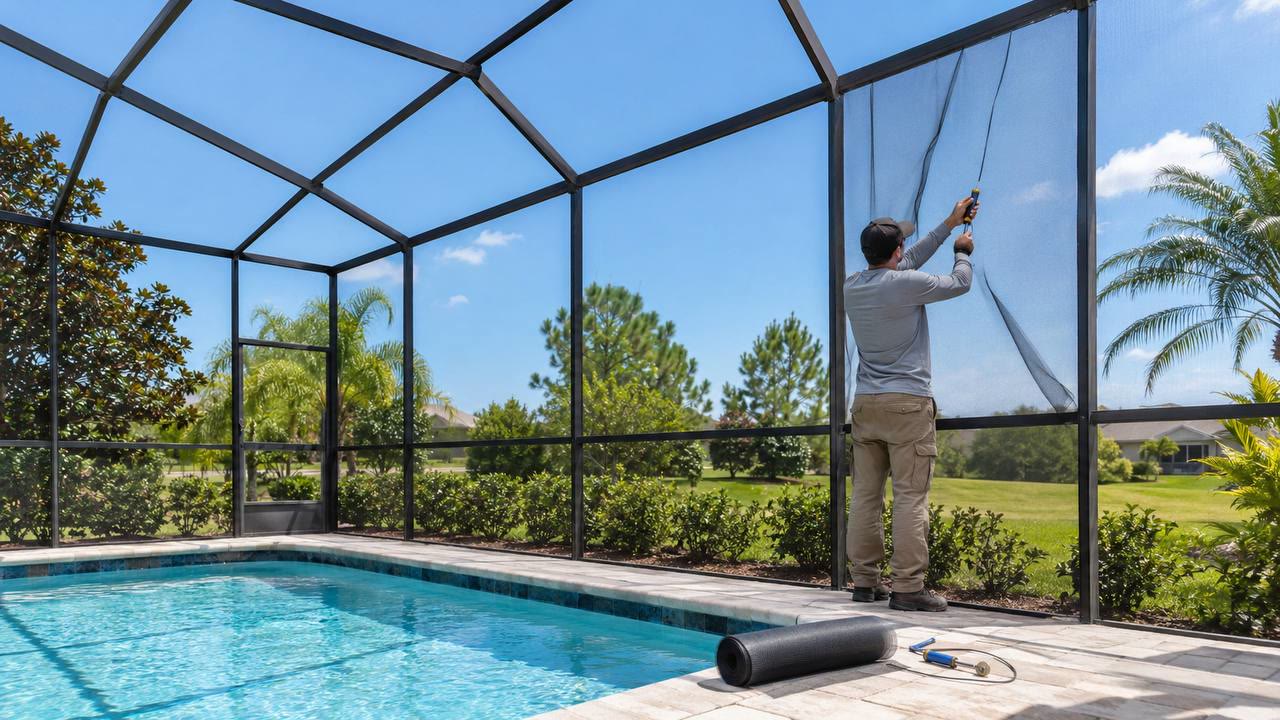Pool screen repair at an Orlando backyard enclosure