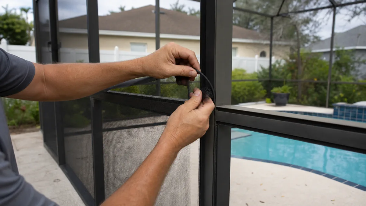 Close detail of Orlando pool screen repair hardware and mesh work