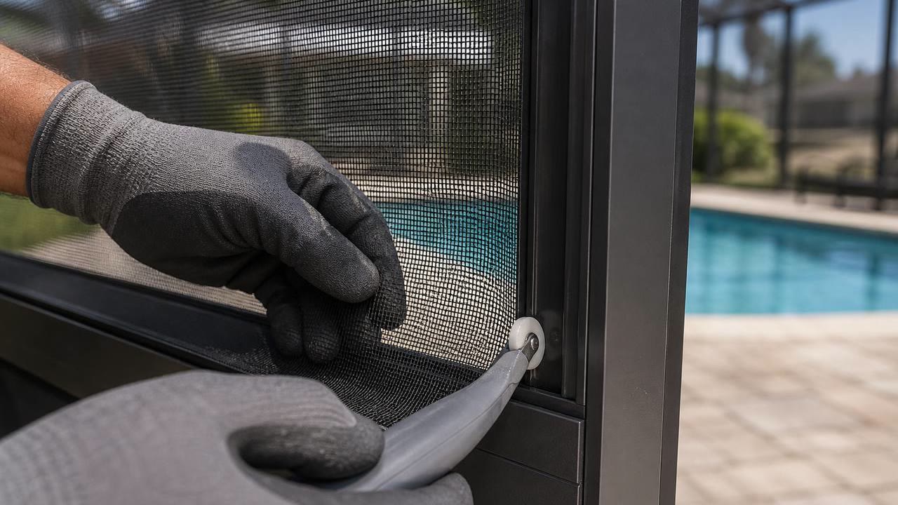 Close up of pool screen panel replacement with spline roller
